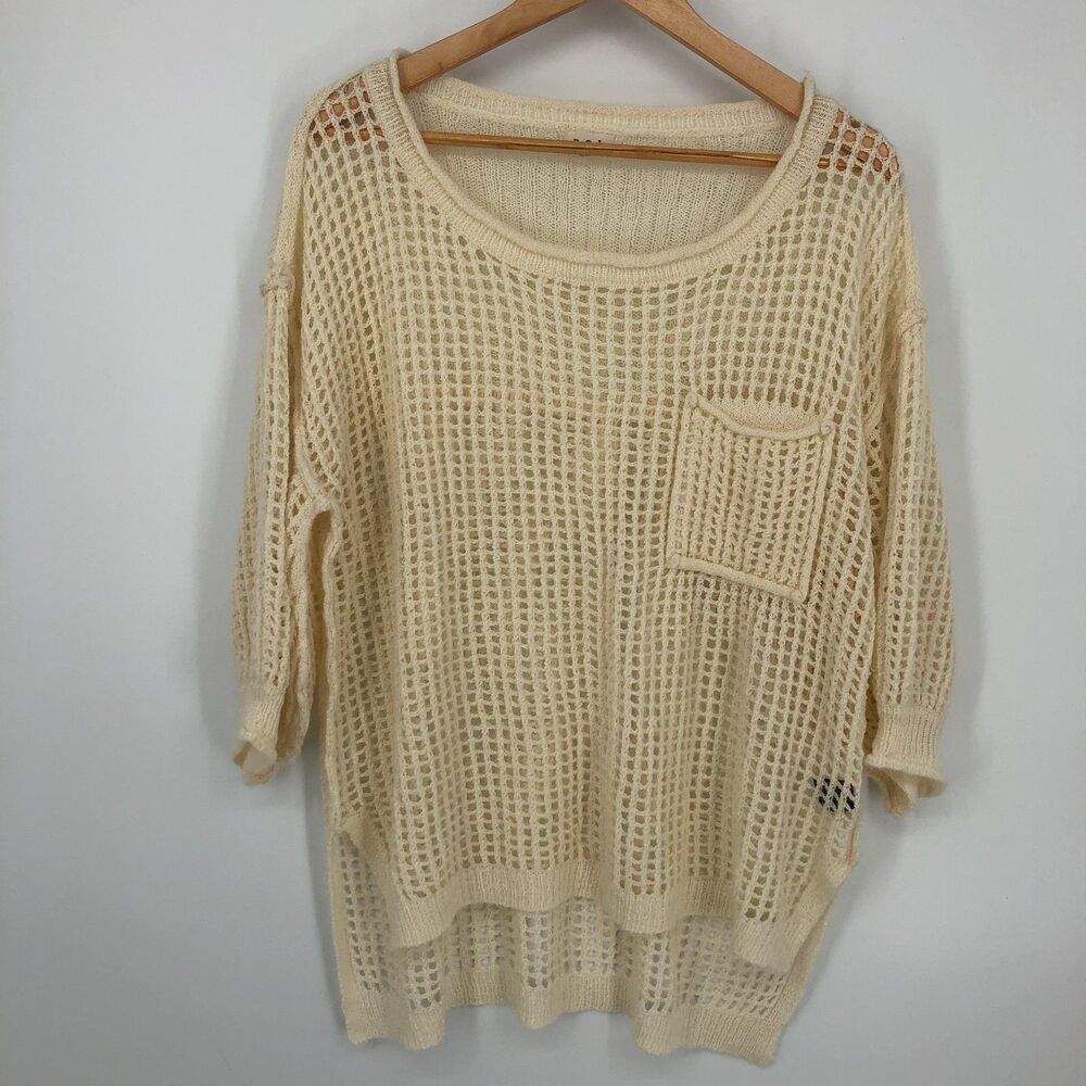 POL Sweater Womens Small Open Knit Pullover‎ Oversized Pocket Sheer Acrylic